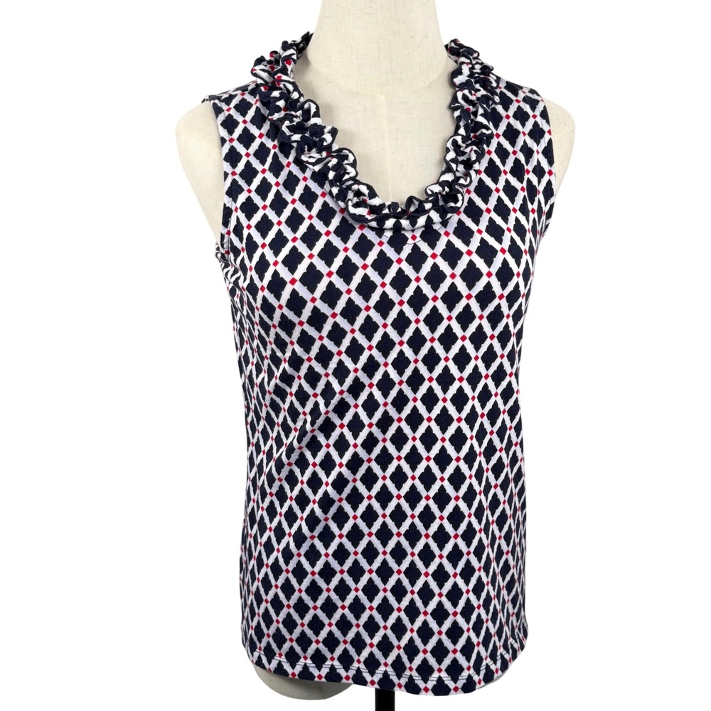 Talbots SP Argyle Ruffle Neck Top Diamond Preppy Americana Nautical Coastal EUC